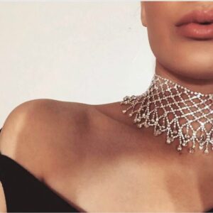 Chamvino Full diamond fashion exaggerated choker Water drop studded diamond tassel choker for Women's and girls gifts（gold/silver）