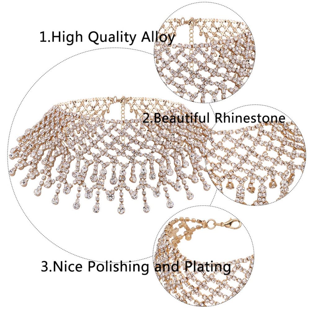 Chamvino Full diamond fashion exaggerated choker Water drop studded diamond tassel choker for Women's and girls gifts（gold/silver）