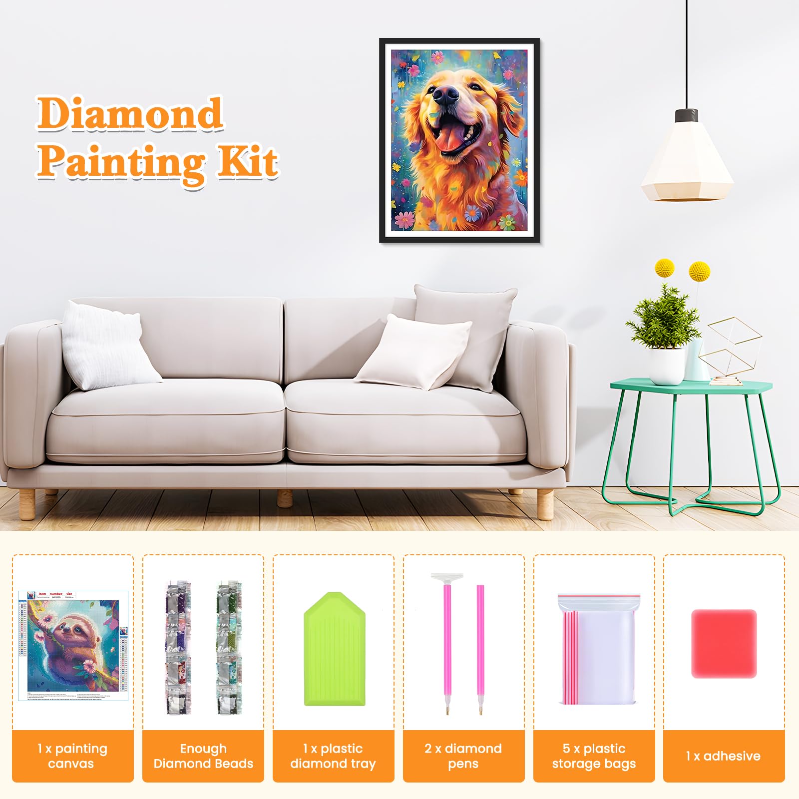 RICUVED Diamond Art Kits for Adults, Dog Diamond Art Kits Full Drill 5D Animal Diamond Art, Golden Retriever Gem Dots Art and Crafts for Gift Home Wall Decor 12x16 Inch/30x40cm