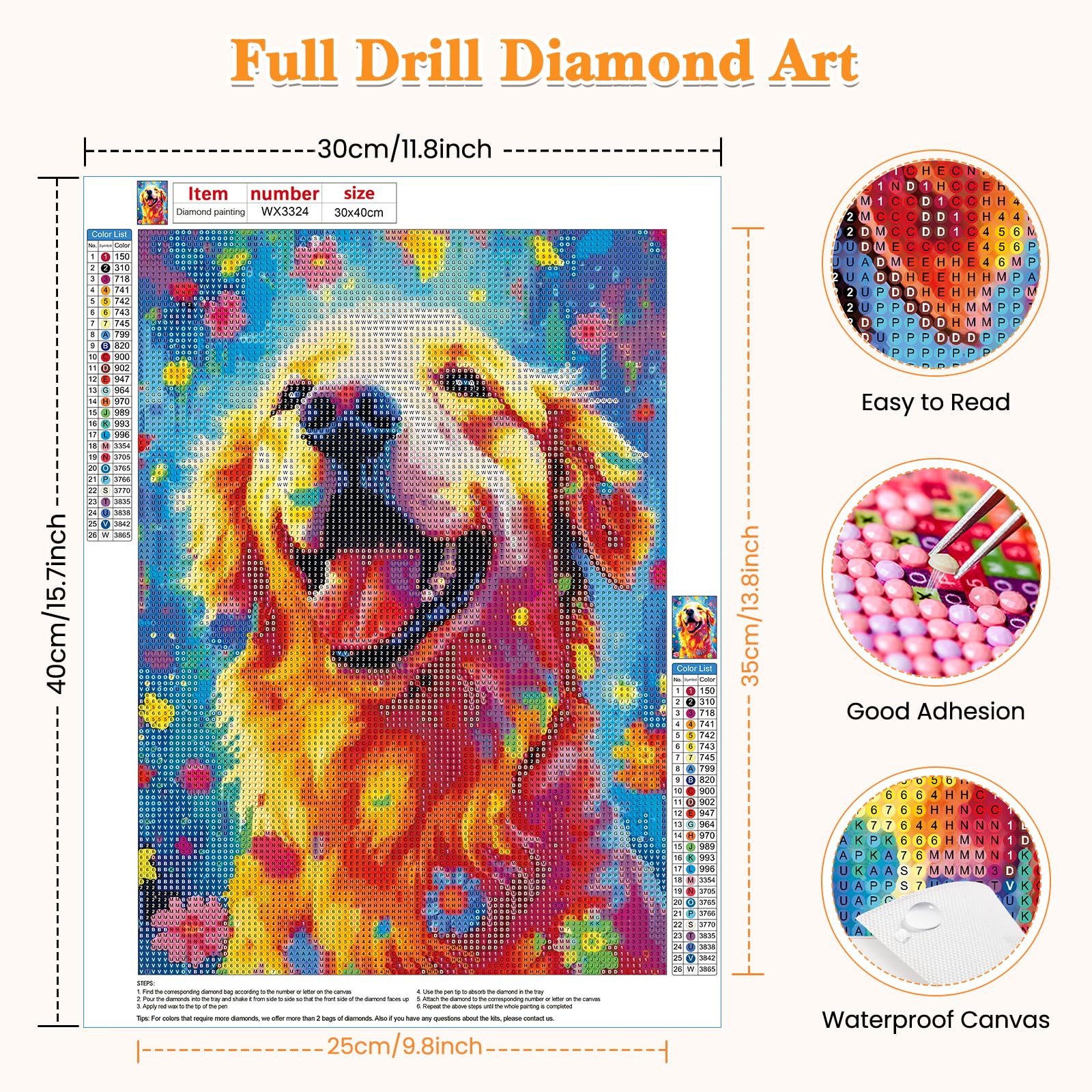 RICUVED Diamond Art Kits for Adults, Dog Diamond Art Kits Full Drill 5D Animal Diamond Art, Golden Retriever Gem Dots Art and Crafts for Gift Home Wall Decor 12x16 Inch/30x40cm