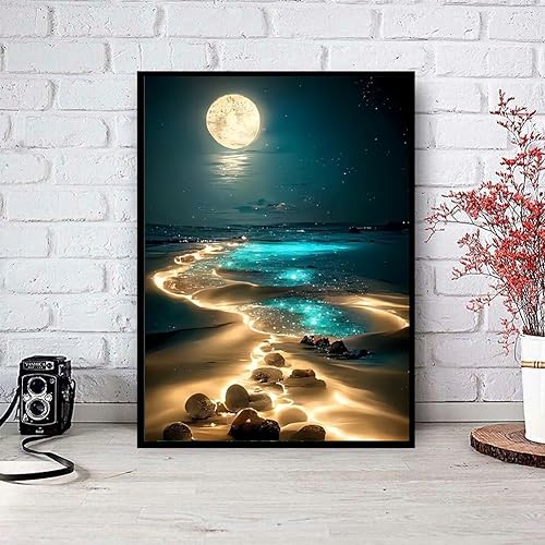 Moon Diamond Painting Kits for Adults,Moon Beach Diamond Art Kits Full Drill Crystal Rhinestone Diamond Embroidery Craft Kits for Home Wall Decor Inch12X16