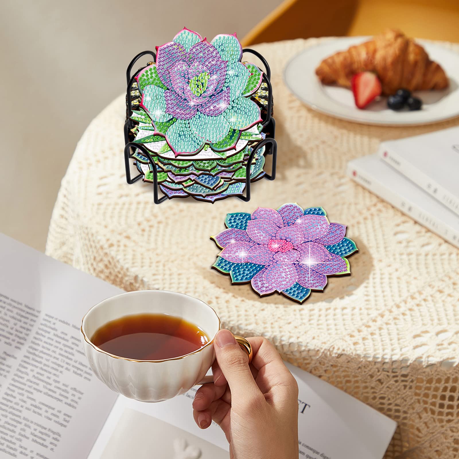 8 PCS Green Plant Diamond Art Coasters Green Plant Diamond Art Coasters Kits with Holder Green Plant DIY Coasters Coasters for Beginners, Adults, Kids, Diamond Art Crafts Supplies