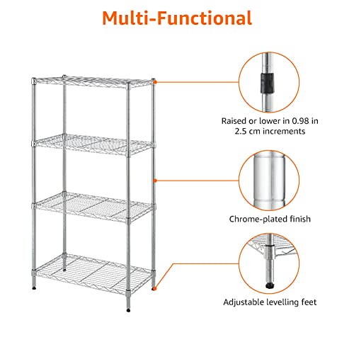 Amazon Basics 4-Shelf Adjustable, Storage Shelving Unit, (200 Pound Loading Capacity per Shelf), Steel Organizer Wire Rack, 13.4"D x 23.2"W x 48"H, Chrome