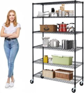 yrllensdan 6 tier wire shelving unit 6000lbs capacity metal storage shelves with wheels height adjustable heavy duty steel shelf for kitchen garage,48" w x 18" d x 72" h, black