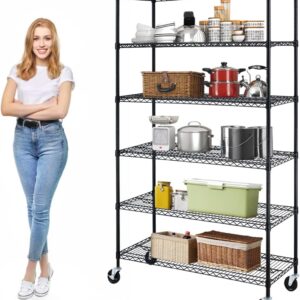 YRLLENSDAN 6 Tier Wire Shelving Unit 6000lbs Capacity Metal Storage Shelves with Wheels Height Adjustable Heavy Duty Steel Shelf for Kitchen Garage,48" W x 18" D x 72" H, Black