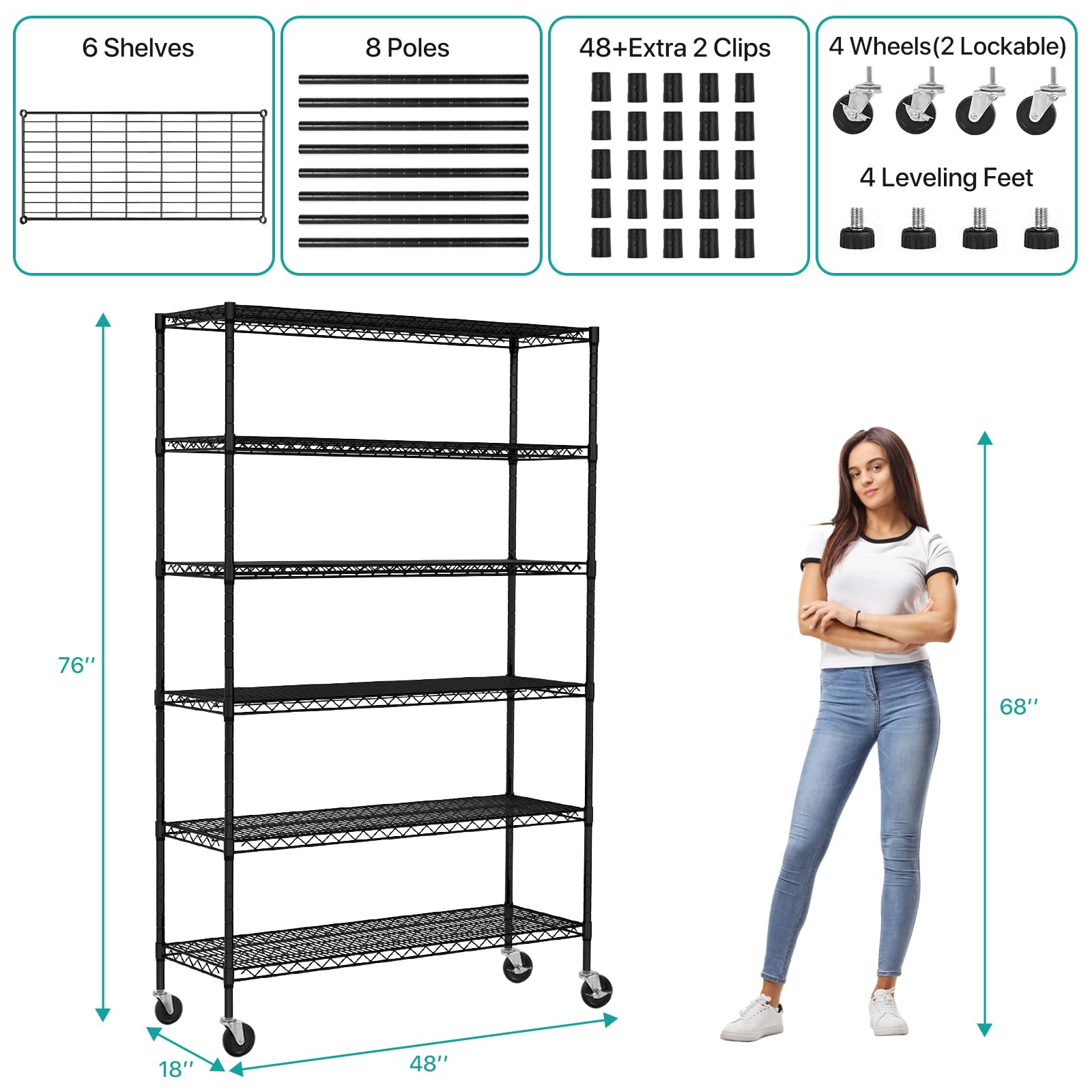 YRLLENSDAN 6 Tier Wire Shelving Unit 6000lbs Capacity Metal Storage Shelves with Wheels Height Adjustable Heavy Duty Steel Shelf for Kitchen Garage,48" W x 18" D x 72" H, Black