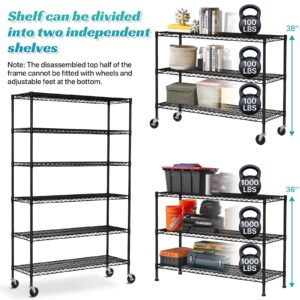 YRLLENSDAN 6 Tier Wire Shelving Unit 6000lbs Capacity Metal Storage Shelves with Wheels Height Adjustable Heavy Duty Steel Shelf for Kitchen Garage,48" W x 18" D x 72" H, Black