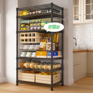 REIBII 6-tire Wire Shelving Rack,Storage Shelves Metal Shelves for Storage Load 1000 LBS,Heavy Duty Shelving Unit with Wire Shelf Adjustable Pantry Shelf Bathroom Kitchen Garage Black 24" Wx14 Dx71 H