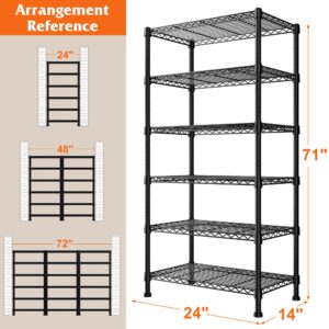 REIBII 6-tire Wire Shelving Rack,Storage Shelves Metal Shelves for Storage Load 1000 LBS,Heavy Duty Shelving Unit with Wire Shelf Adjustable Pantry Shelf Bathroom Kitchen Garage Black 24" Wx14 Dx71 H