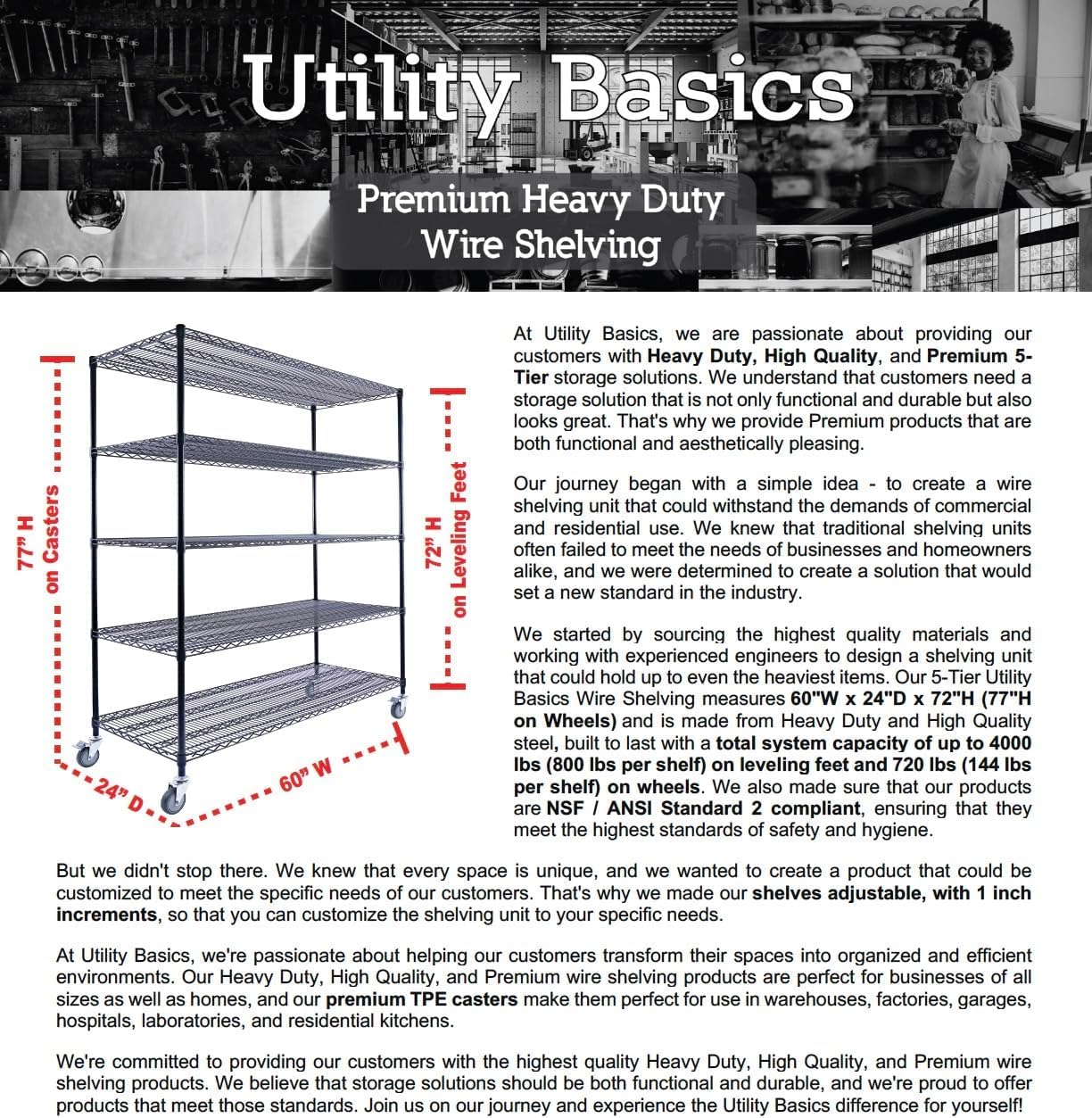 Utility Basics 60" x 24" x 72" Black 5-Tier Wire Shelving NSF 4000 LBS Max Capacity Heavy Duty Steel Storage Rack for Warehouses, Garages, Hospitals, Kitchens, and Commercial Spaces w/Premium Wheels