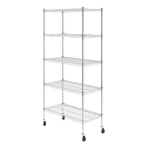 saferacks nsf certified storage shelves, heavy duty steel wire shelving unit with wheels and adjustable feet, used as pantry shelf, garage or bakers rack kitchen shelving - (18"x36"x72" 5-tier)