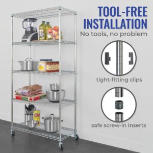 SafeRacks NSF Certified Storage Shelves, Heavy Duty Steel Wire Shelving Unit with Wheels and Adjustable Feet, Used as Pantry Shelf, Garage or Bakers Rack Kitchen Shelving - (18"x36"x72" 5-Tier)