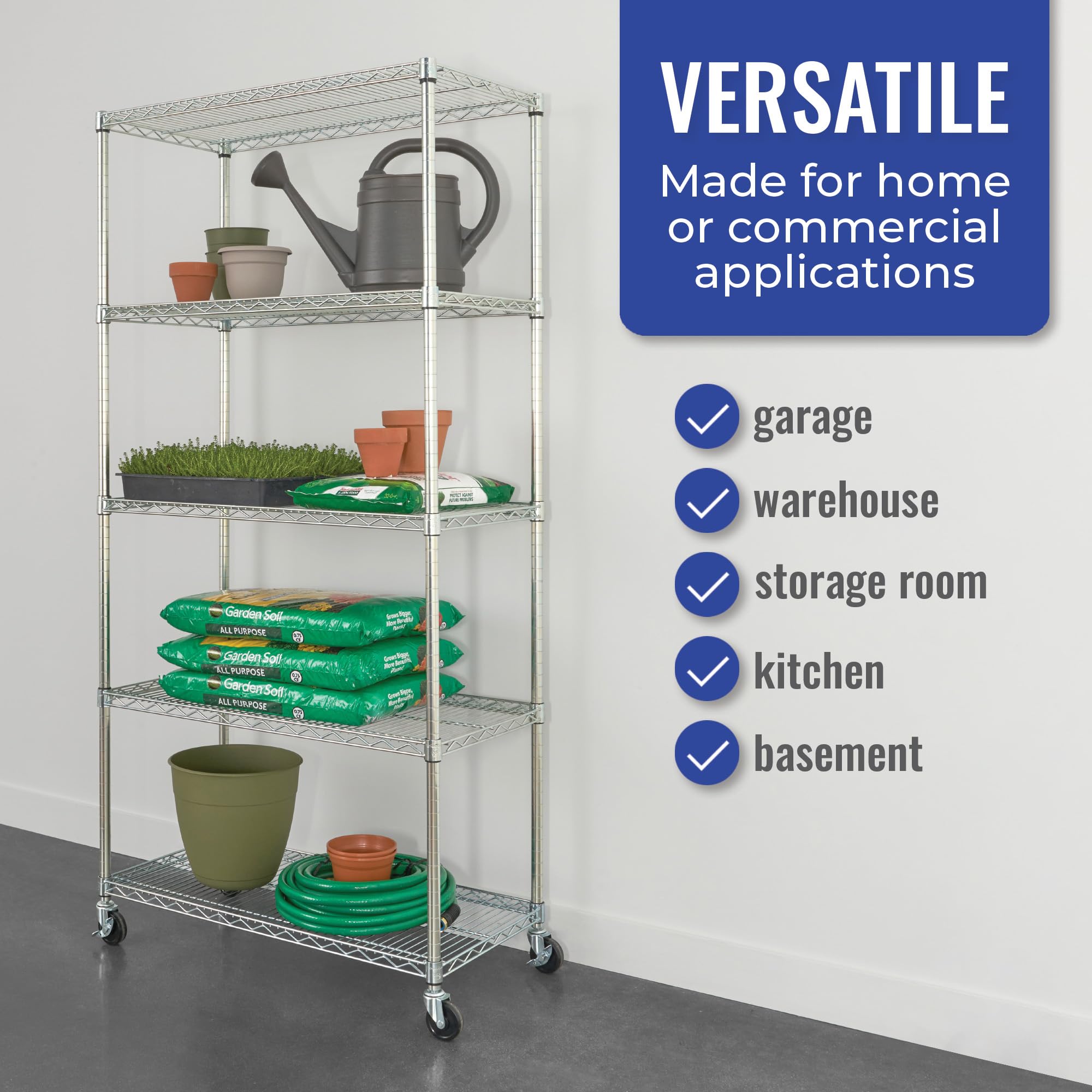 SafeRacks NSF Certified Storage Shelves, Heavy Duty Steel Wire Shelving Unit with Wheels and Adjustable Feet, Used as Pantry Shelf, Garage or Bakers Rack Kitchen Shelving - (18"x36"x72" 5-Tier)