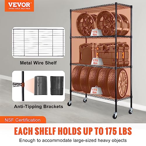 VEVOR Storage Shelving Unit, 4-Tier Adjustable Storage Shelves, 48" L x 18" W x 74" H Garage Storage Shelves, Metal Shelves with Wheels for Kitchen Pantry Basement Bathroom Laundry