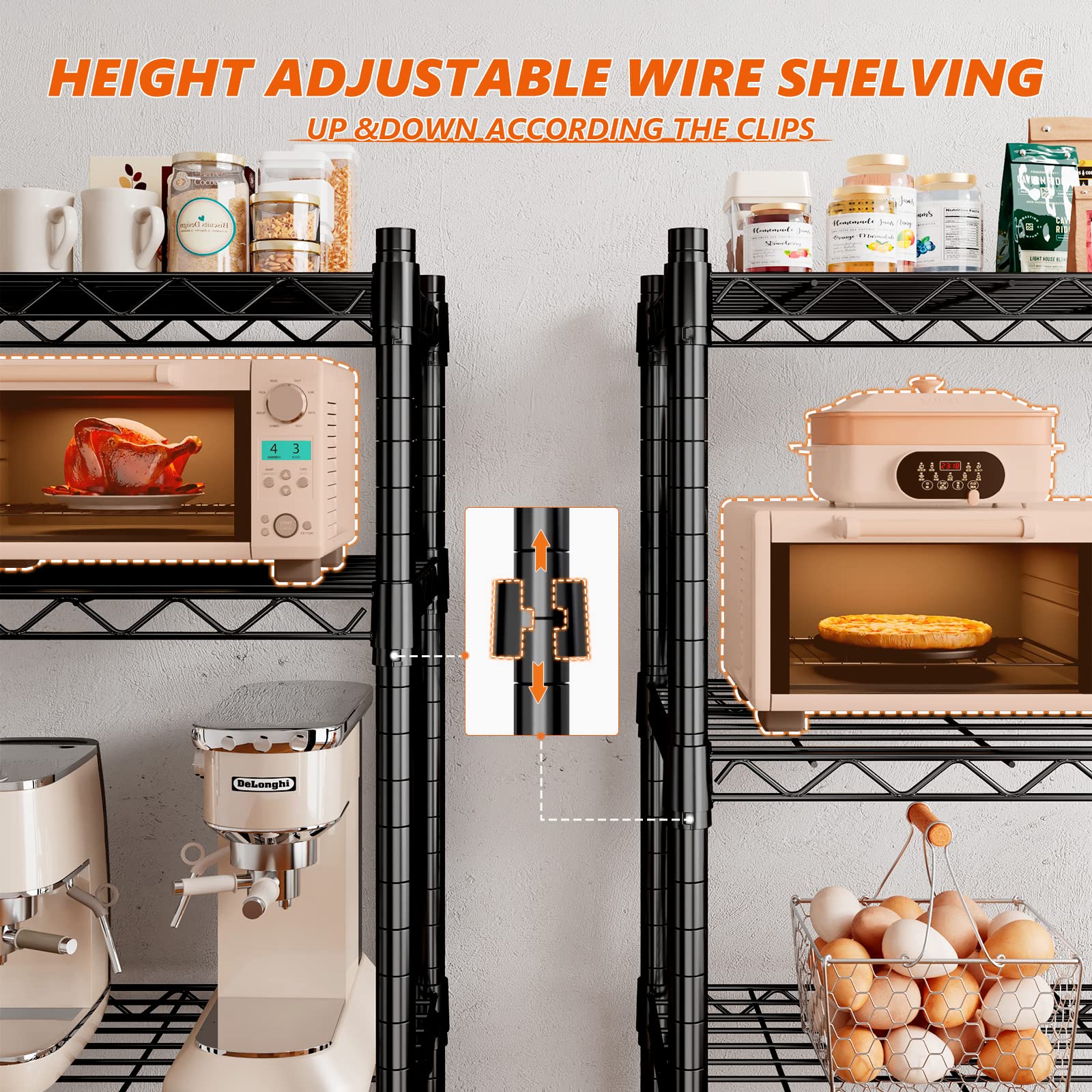 REIBII 73''H Storage Shelves 1780LBS Wire Shelving Unit with Wheels 5 Tier Metal Shelving,Heavy Duty Metal Shelves for Storage Rack,73''HX35''WX15''D