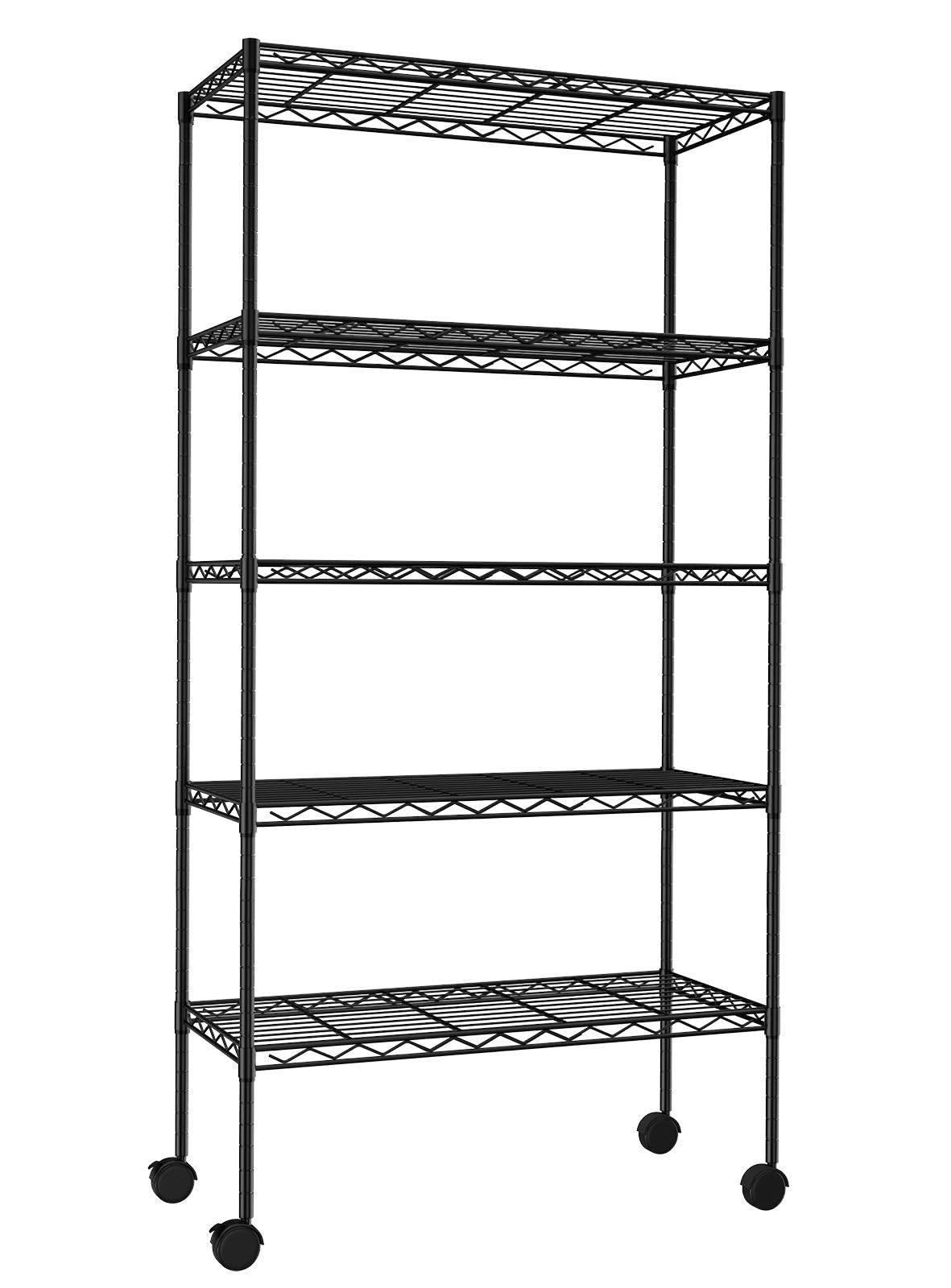 YYkokocat 5-Tier Wire Shelves 61" H x 30" x 14" Metal Storage Shelves Adjustable Wire Shelving Rack with Wheels & Leveling Feet NSF Metal Shelf Unit for Kitchen Pantry, 1200Lb Capacity, Black