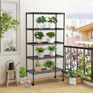 YYkokocat 5-Tier Wire Shelves 61" H x 30" x 14" Metal Storage Shelves Adjustable Wire Shelving Rack with Wheels & Leveling Feet NSF Metal Shelf Unit for Kitchen Pantry, 1200Lb Capacity, Black