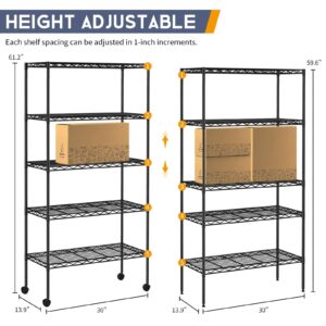 YYkokocat 5-Tier Wire Shelves 61" H x 30" x 14" Metal Storage Shelves Adjustable Wire Shelving Rack with Wheels & Leveling Feet NSF Metal Shelf Unit for Kitchen Pantry, 1200Lb Capacity, Black