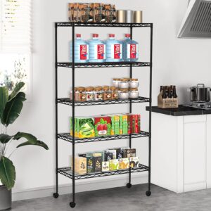 YYkokocat 5-Tier Wire Shelves 61" H x 30" x 14" Metal Storage Shelves Adjustable Wire Shelving Rack with Wheels & Leveling Feet NSF Metal Shelf Unit for Kitchen Pantry, 1200Lb Capacity, Black