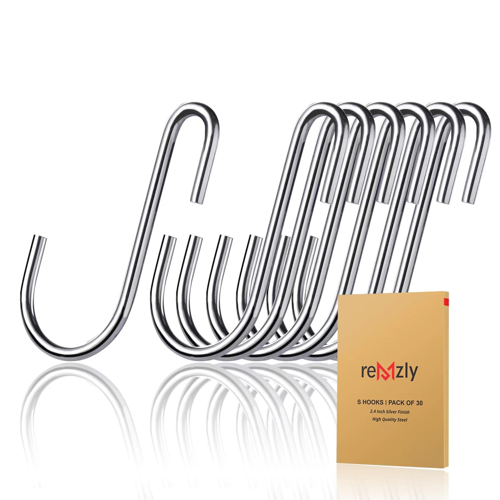 Remzly 30 Pack S Hooks for Hanging Kitchen Utensils, Clothes, Plants, Pots and Pans - 2.4” Small Silver Utility Hangers for Closet, Wire Shelving, Garage, Garden