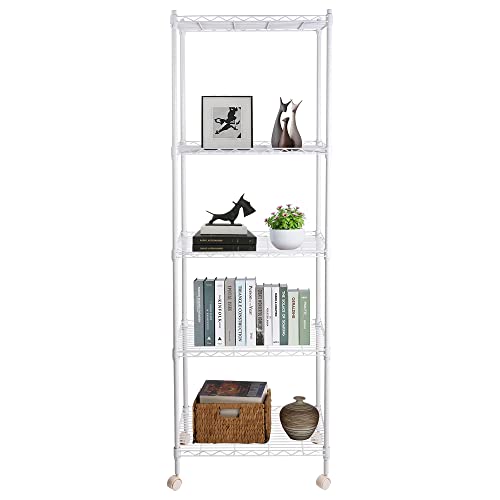 JS HANGER Wire Shelving Unit with Wheels, 5-Tier Heavy Duty Height Adjustable Rolling Metal Shelves for Storage, 550 lbs Capacity, 23.23''W X 13.4''D X 71''H, White