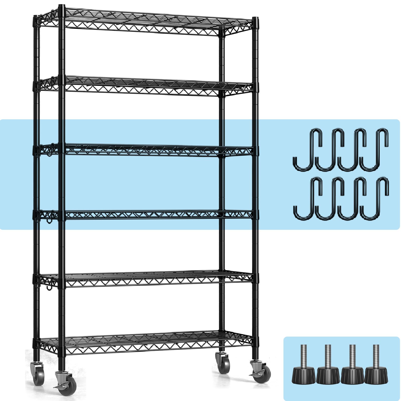 Hodonas Wire Shelving Unit with Wheels, 6-tier Metal Shelving with Adjustable Storage Shelves Freestanding Sturdy Metal Wire Storage Shelf Organizer Rack for Pantry Garage Kitchen, 36"W x 14"D x 75"H