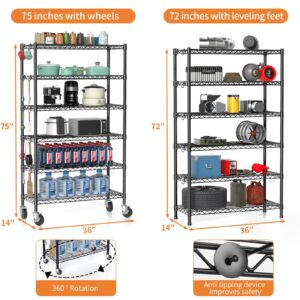 Hodonas Wire Shelving Unit with Wheels, 6-tier Metal Shelving with Adjustable Storage Shelves Freestanding Sturdy Metal Wire Storage Shelf Organizer Rack for Pantry Garage Kitchen, 36"W x 14"D x 75"H