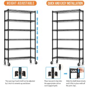 Hodonas Wire Shelving Unit with Wheels, 6-tier Metal Shelving with Adjustable Storage Shelves Freestanding Sturdy Metal Wire Storage Shelf Organizer Rack for Pantry Garage Kitchen, 36"W x 14"D x 75"H