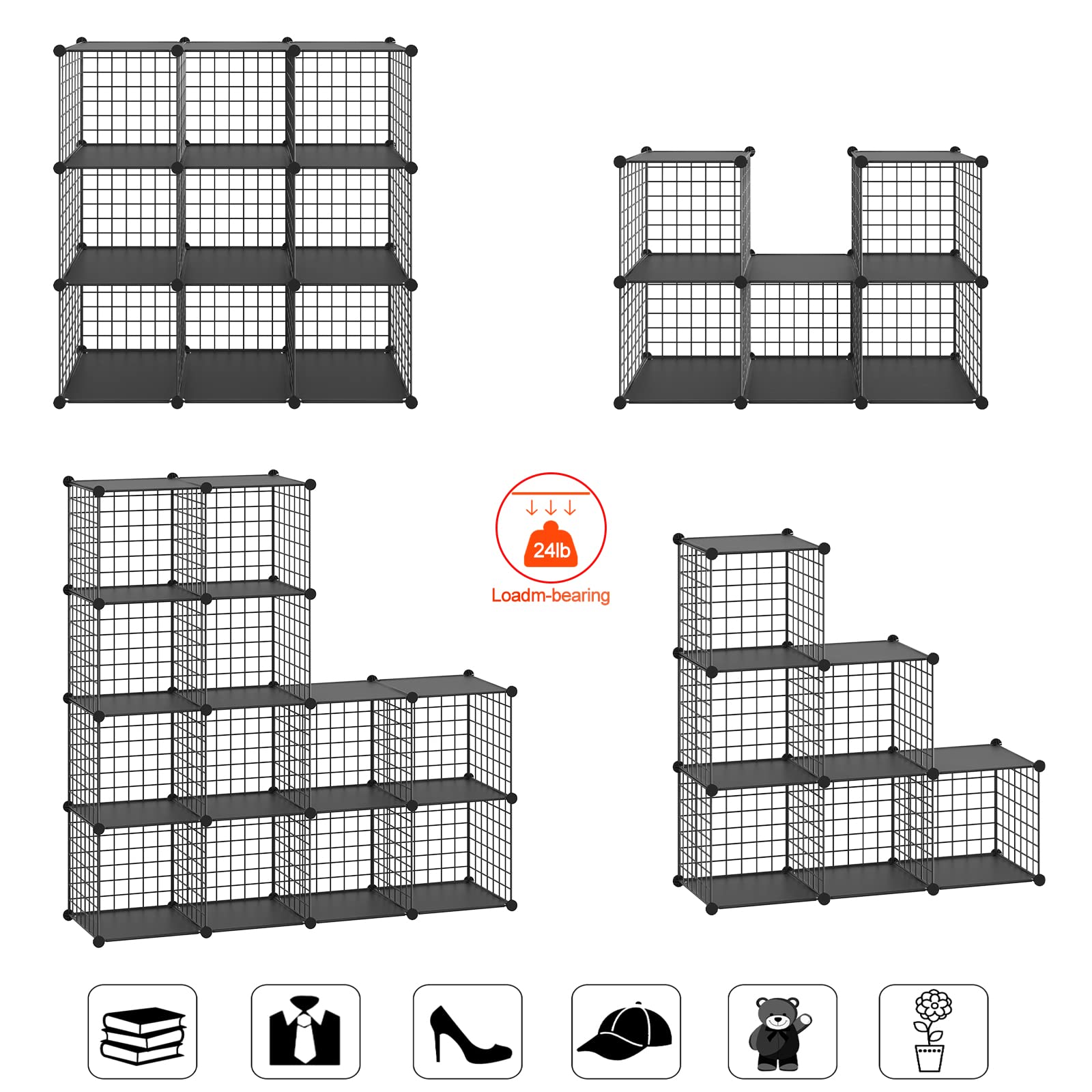 HUBSON Wire Cube Storage Organizer, 6-Cube Metal Grids Storage Shelf, Closet Cabinet, DIY Plastic cube Bookcase Modular Closet Cabinet for Bedroom, Living Room, Office, Black