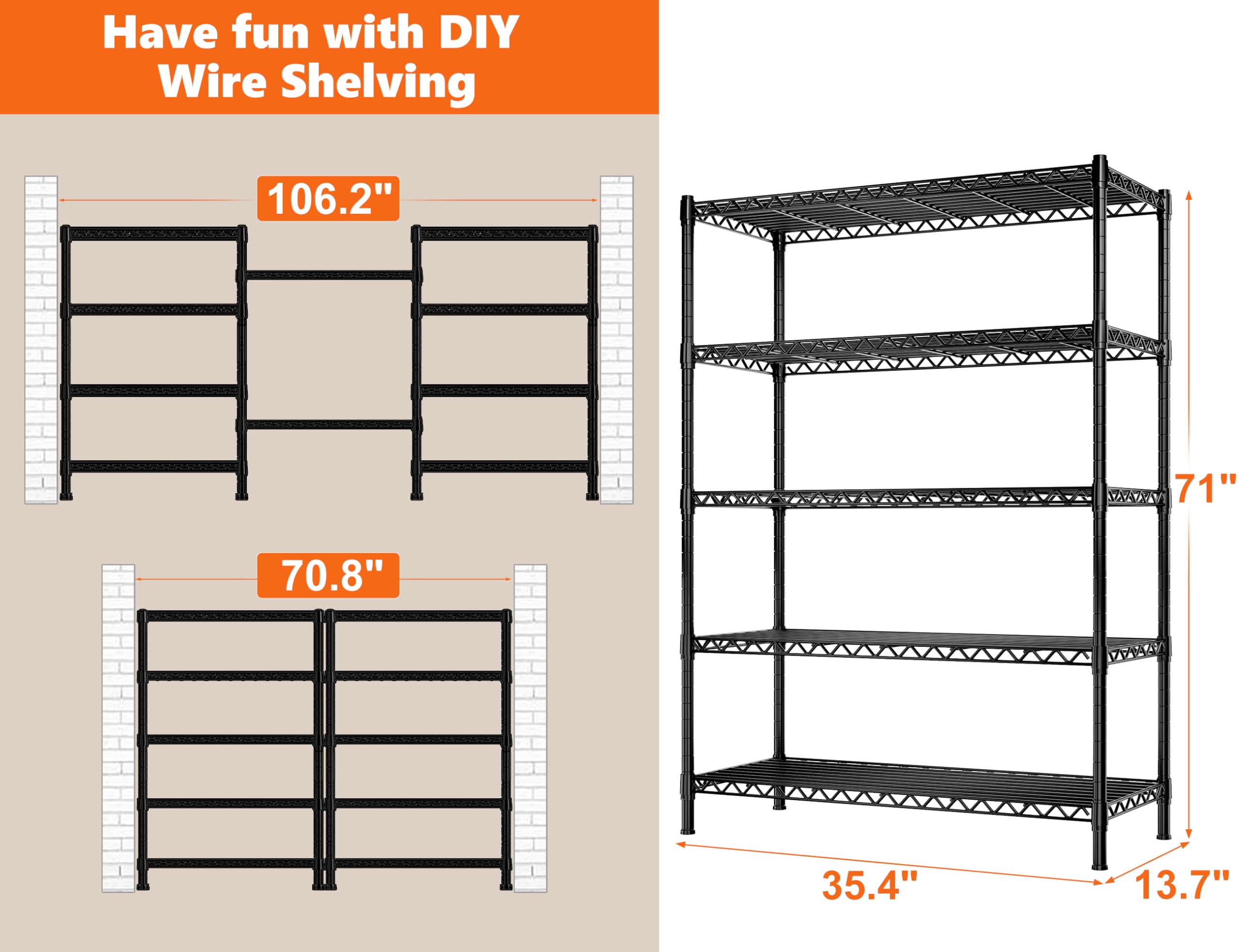 REIBII 5-Shelf Wire Shelving,Storage Shelves Metal Shelves for Storage,71’’H Adjustable Garage Shelving Heavy Duty Storage Rack Pantry Shelf Kitchen Shelving,71’’H X35.4’’W X13.7’’D