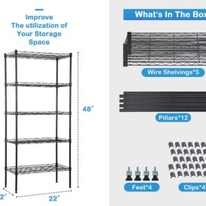 BIQWBIC 5 Tier Metal Shelf, Wire Shelving Unit with Adjustable Shelves, Storage Rack for Kitchen Pantry Closet, 22"Lx12"Wx48"H, Black