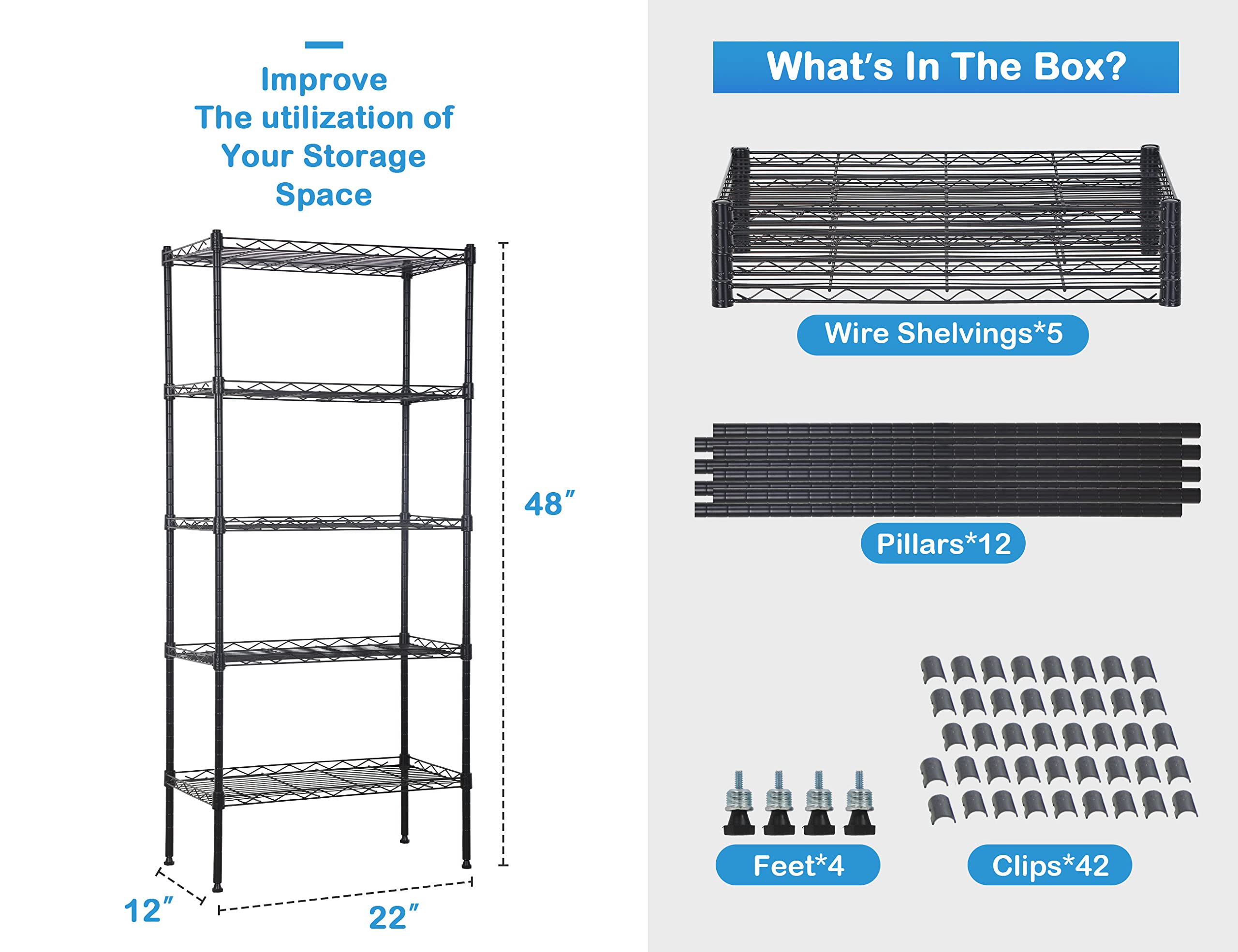 BIQWBIC 5 Tier Metal Shelf, Wire Shelving Unit with Adjustable Shelves, Storage Rack for Kitchen Pantry Closet, 22"Lx12"Wx48"H, Black