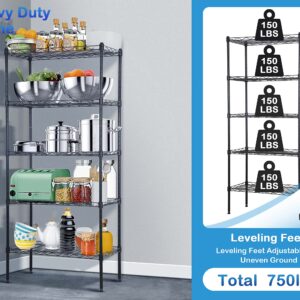 BIQWBIC 5 Tier Metal Shelf, Wire Shelving Unit with Adjustable Shelves, Storage Rack for Kitchen Pantry Closet, 22"Lx12"Wx48"H, Black