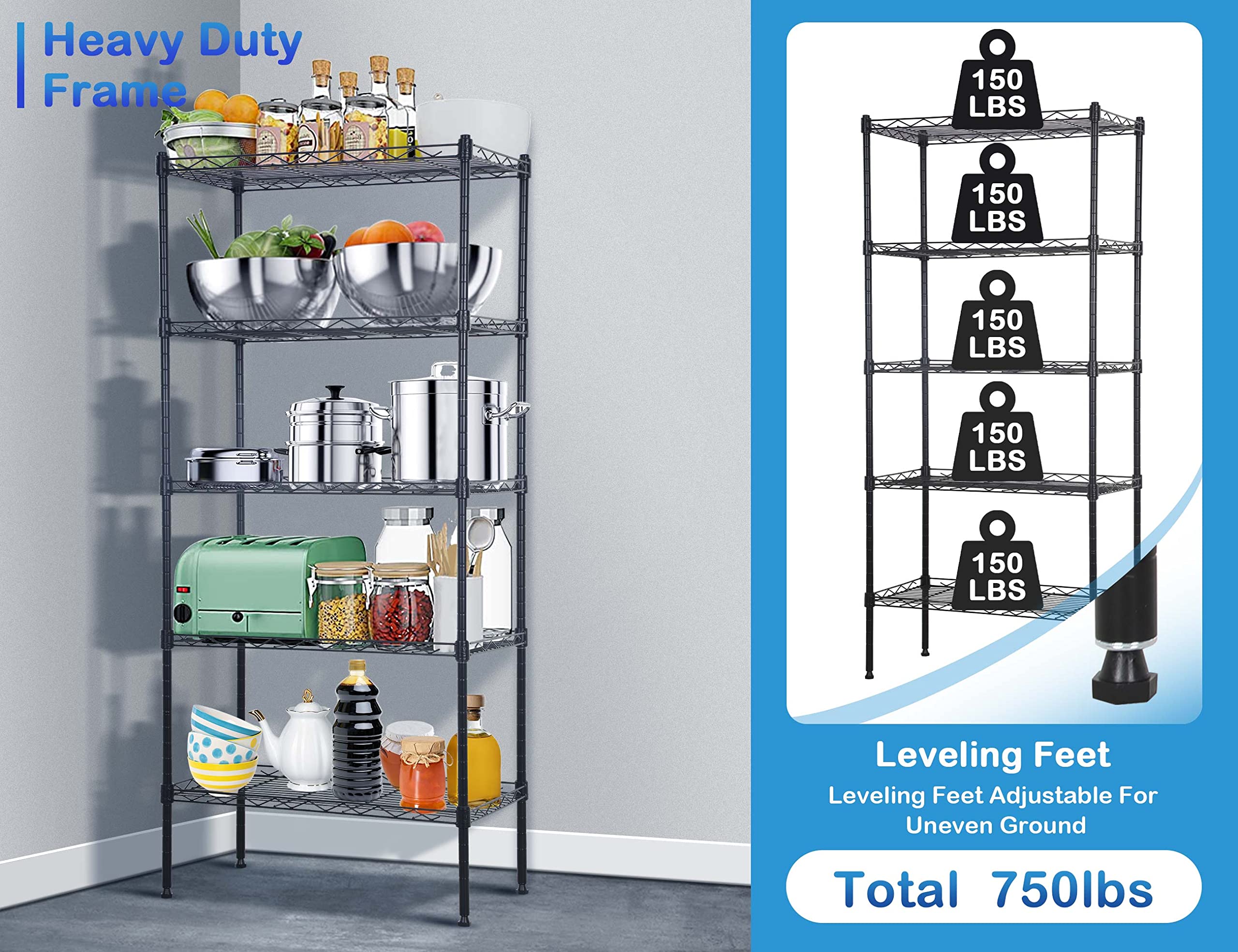 BIQWBIC 5 Tier Metal Shelf, Wire Shelving Unit with Adjustable Shelves, Storage Rack for Kitchen Pantry Closet, 22"Lx12"Wx48"H, Black