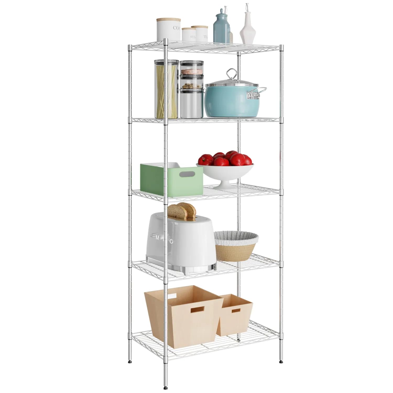 Qxznby 5-Shelf Metal Storage Shelves Heavy Duty Garage Shelving Unit, 100lbs Loading Capacity Per Shelf, Shelf Organizer Wire Rack for Kitchen Garage Bathroom Pantry, 24" L x 14" W x 60" H, Chrome