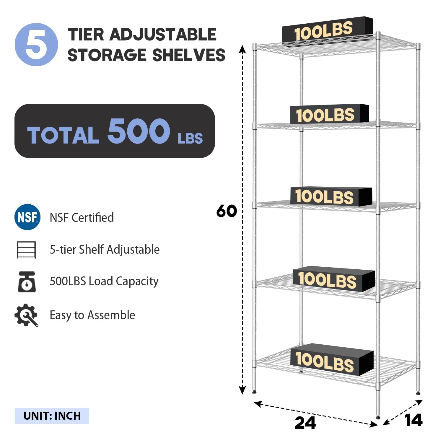 Qxznby 5-Shelf Metal Storage Shelves Heavy Duty Garage Shelving Unit, 100lbs Loading Capacity Per Shelf, Shelf Organizer Wire Rack for Kitchen Garage Bathroom Pantry, 24" L x 14" W x 60" H, Chrome