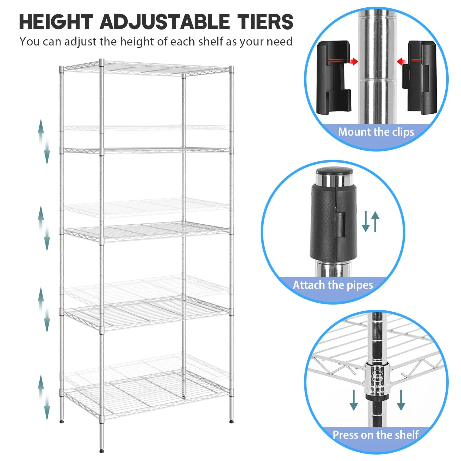 Qxznby 5-Shelf Metal Storage Shelves Heavy Duty Garage Shelving Unit, 100lbs Loading Capacity Per Shelf, Shelf Organizer Wire Rack for Kitchen Garage Bathroom Pantry, 24" L x 14" W x 60" H, Chrome