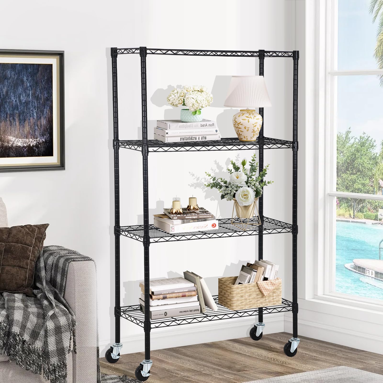 YRLLENSDAN 4-Tier Storage Shelves Organizer with Wheels NSF Wire Shelving Rack Adjustable Metal Shelves for Pantry Kitchen (36" L x 14" W x 62" H,Black)