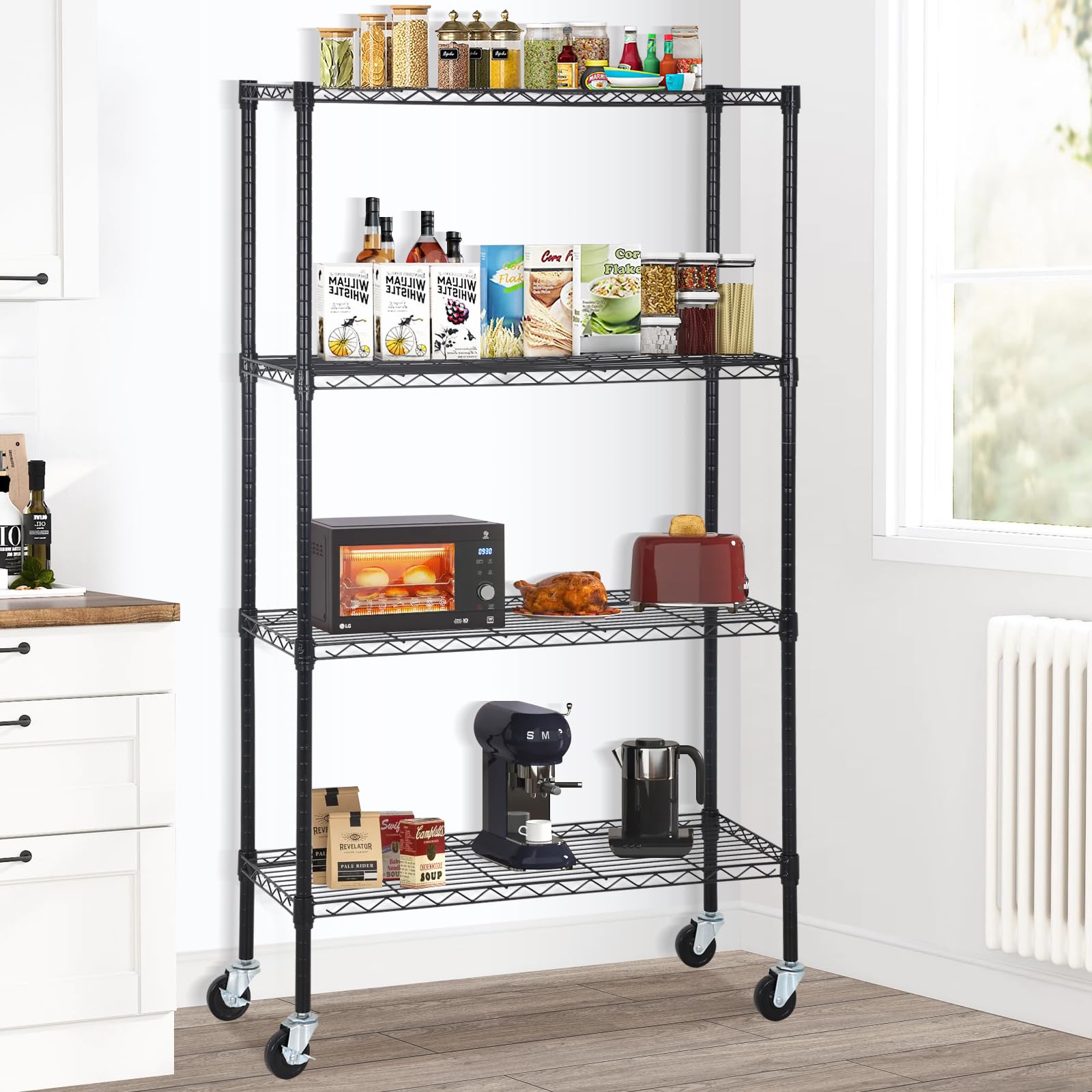 YRLLENSDAN 4-Tier Storage Shelves Organizer with Wheels NSF Wire Shelving Rack Adjustable Metal Shelves for Pantry Kitchen (36" L x 14" W x 62" H,Black)