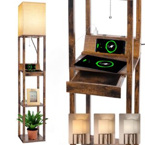 【Upgraded】Floor Lamp with Shelves,Shelf Floor Lamps for Living Room with Wireless Charger, Floor Lamps for Bedroom with USB A+C Charging Ports and 2 AC Outlet, Brown Wood Lamp for Living Room, Bedroom