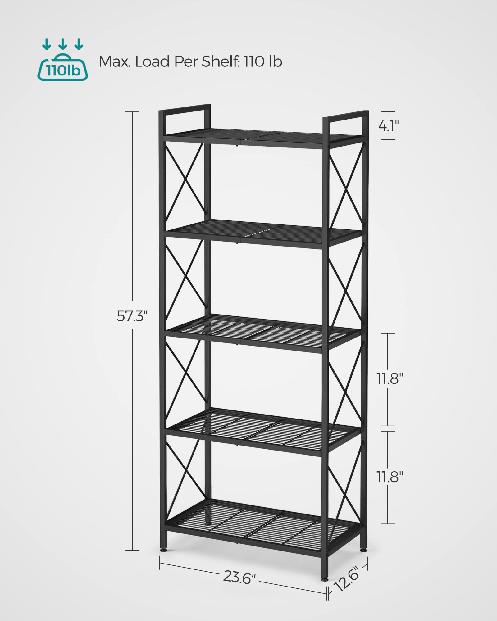 SONGMICS 5-Tier Metal Storage Rack, Shelving Unit with X Side Frames, Dense Mesh, 12.6 x 23.6 x 57.3 Inches, for Entryway, Kitchen, Living Room, Bathroom, Industrial Style, Ink Black UBSC165B01