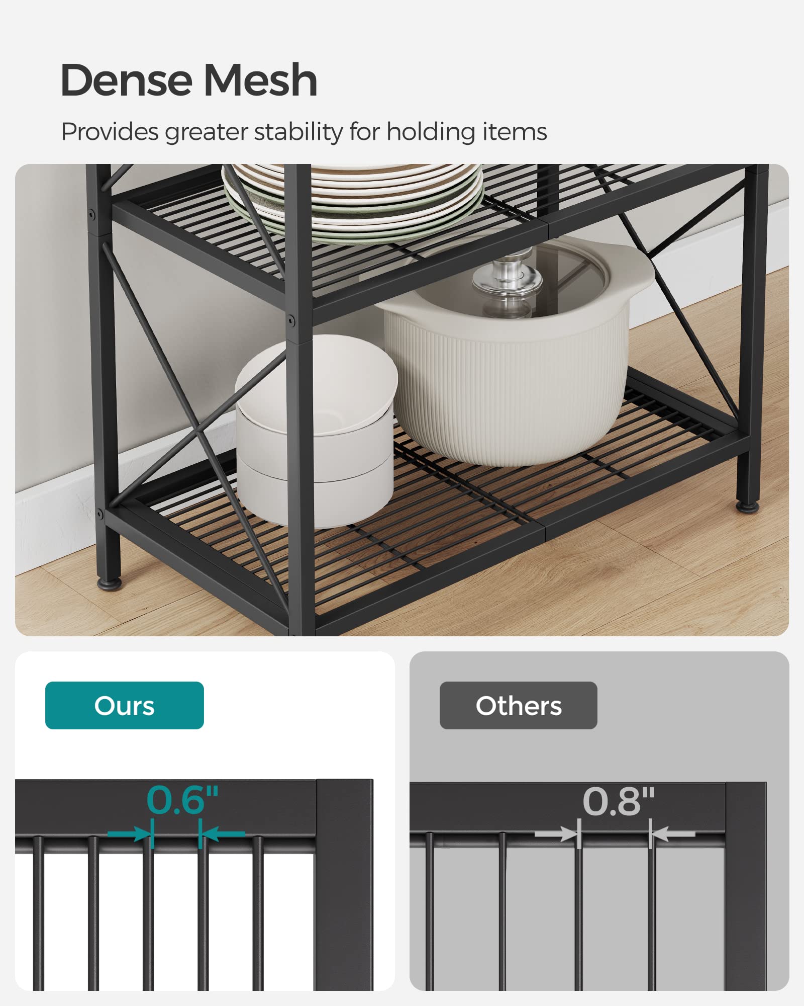 SONGMICS 5-Tier Metal Storage Rack, Shelving Unit with X Side Frames, Dense Mesh, 12.6 x 23.6 x 57.3 Inches, for Entryway, Kitchen, Living Room, Bathroom, Industrial Style, Ink Black UBSC165B01