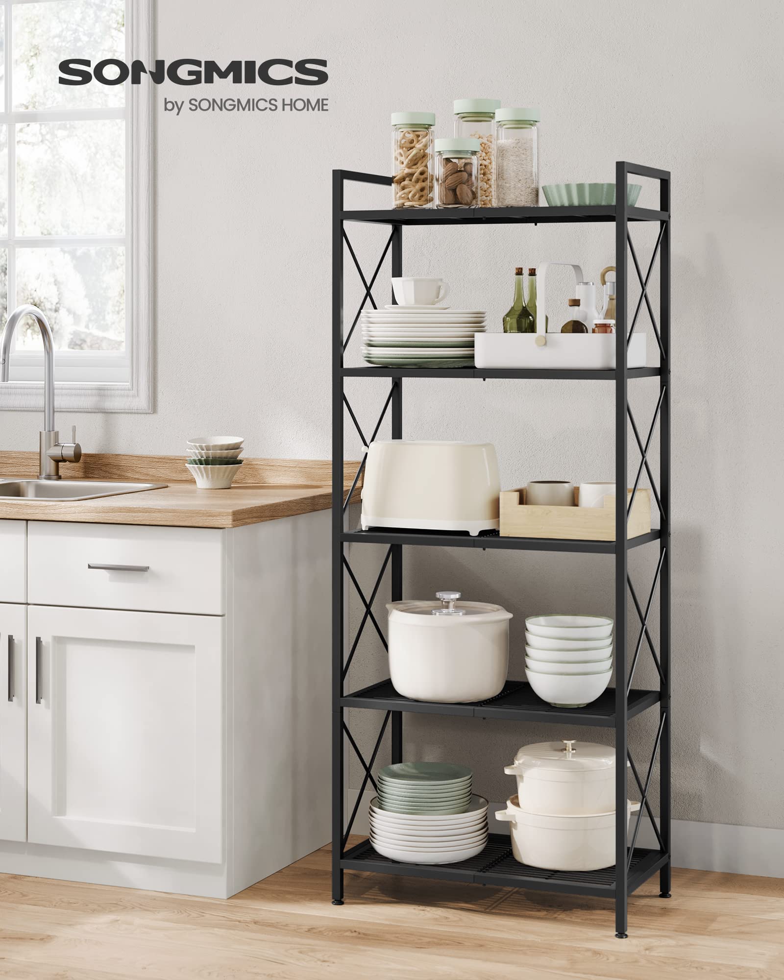 SONGMICS 5-Tier Metal Storage Rack, Shelving Unit with X Side Frames, Dense Mesh, 12.6 x 23.6 x 57.3 Inches, for Entryway, Kitchen, Living Room, Bathroom, Industrial Style, Ink Black UBSC165B01