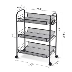 TOOLF 3-Tier Metal Rolling Cart, Mesh Wire Easy Assemble Utility Cart, Storage Trolley on Wheels with 3 Hooks, MetalStorage Shelving Units for Kitchen Bathroom Laundry Room