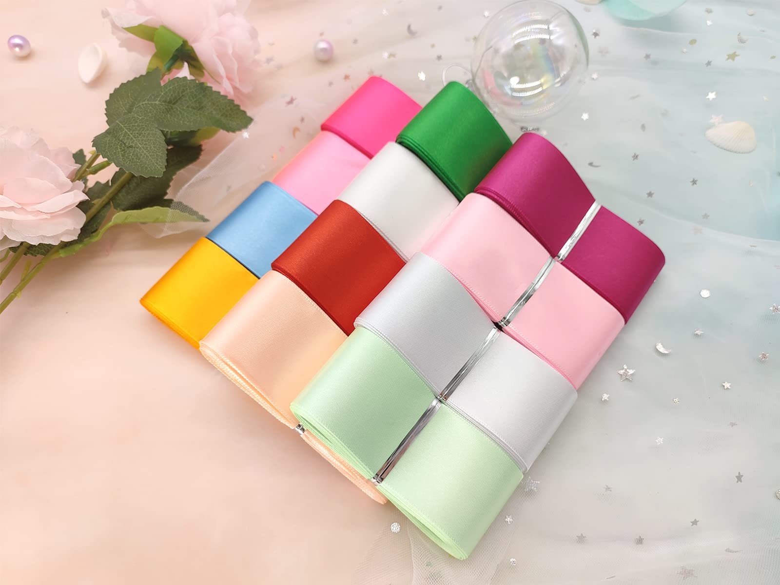 JESEP YONG 1 1/2" Single Face Satin Ribbon Assortment-100 Yards 25 Colors- Fabric Bulk Craft Ribbon for Gift Wrapping, Bow,Craft, Wreath,Binding Blanket (Multi-Color)