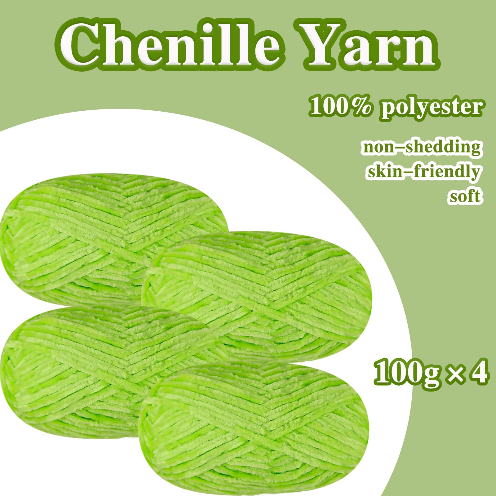 4 PCS 400g Soft Chenille Yarn Velvet Yarn for Crocheting,Fluffy Yarn for Knitting and Crochet DIY Craft,Warm Yarn for Blanket Bag Hat Scarve Clothe Gloves Slippers Doll（Bright Green）