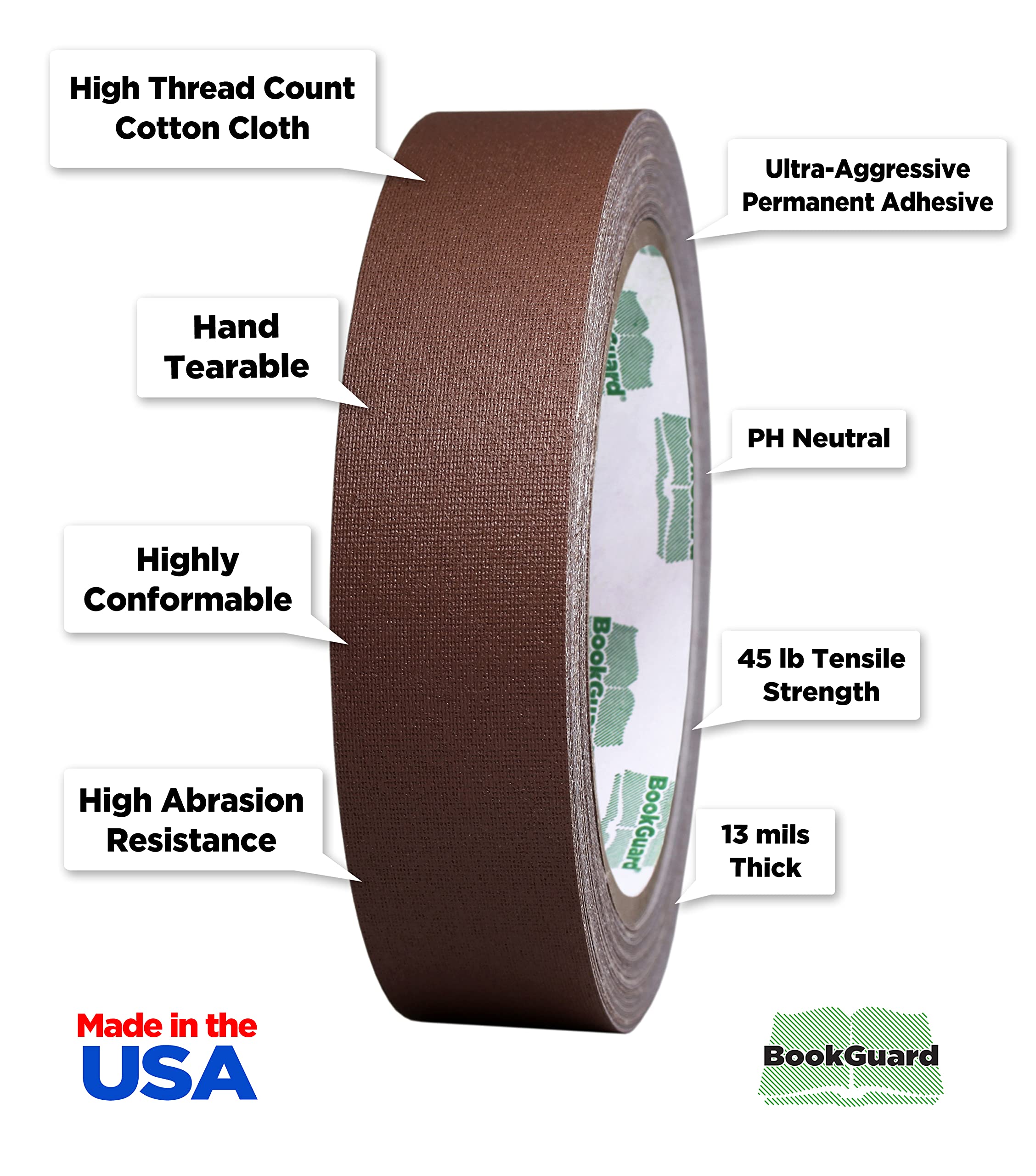 BookGuard 1 inch Premium Bookbinding Repair Cloth Tape, 15 Yards per Roll, Brown