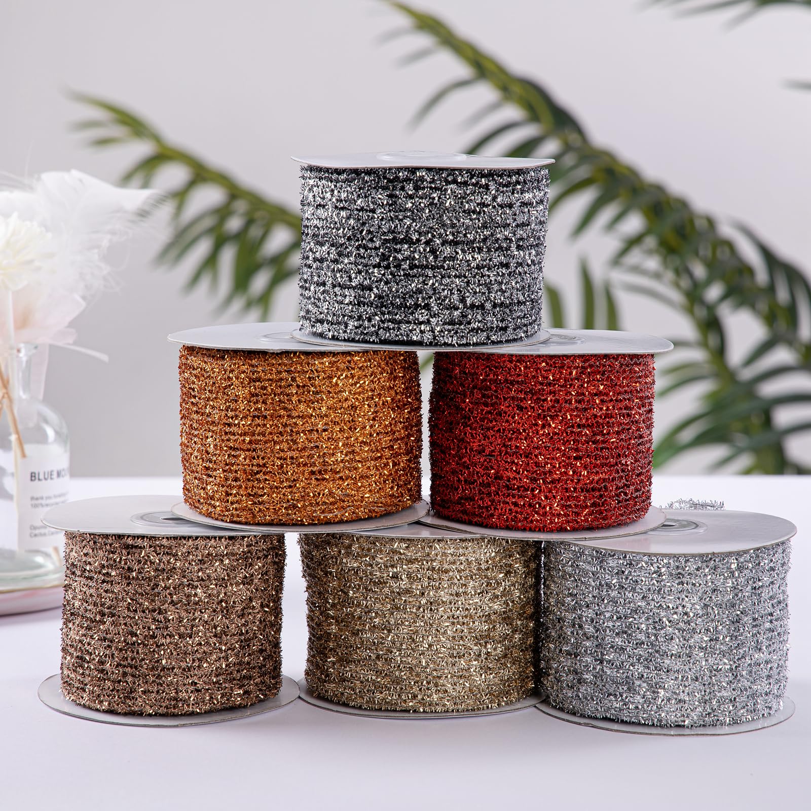 CSZD RIBBON Gold Stretchable Glitter Metallic Mesh Ribbon Wired Web Ribbon Wide 2.5" to 7" for Christmas tree,Wreaths,Home Decor, Gift Wrapping, DIY Crafts, 2.5” x 5Yards x 1 Rolls (Gold)