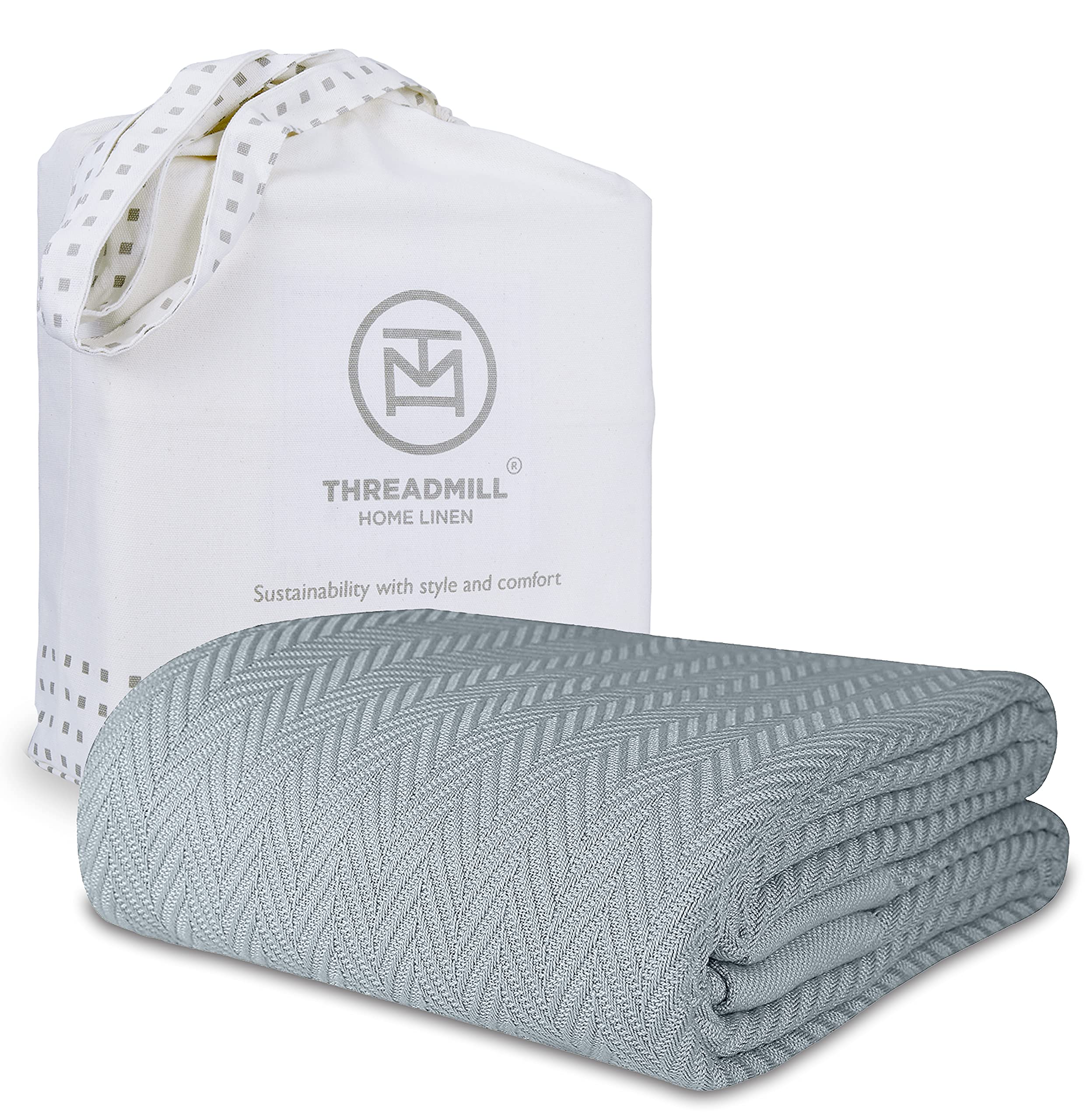 Threadmill Luxury Cotton Blankets for Twin Size Bed | All-Season 100% Cotton Twin Blanket for Bed | Herringbone Lightweight, Soft & Cozy Fall Thermal Blanket, 350GSM, 68x92 inches | Scottish Grey