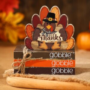 jetec 4 pcs thanksgiving turkey decor wooden turkey tiered tray decor book stack bundle wooden turkey fall wood tray decor turkey farmhouse rustic decor for autumn thanksgiving table decor (vintage)